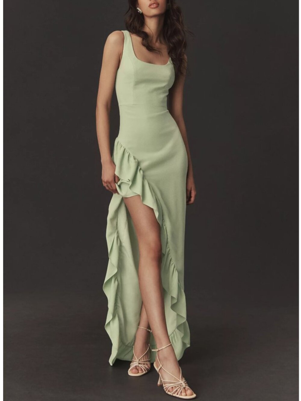 Dress the Population Anthropologie Charlene Sage Green Ruffle Formal Maxi Gown
